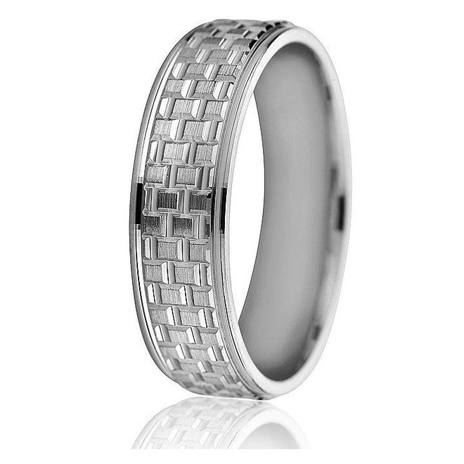 Bold, engraved rectangular pattern on this 6mm comfort fit wedding band in 10k gold with a bright step edge.