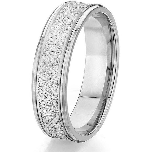 Infused modern engraved design in a classic comfort-fit wedding band.