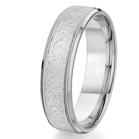 Beveled bright edge with a milgrain detail and a brushed centre in this 10k white gold, 6mm comfort fit wedding band.