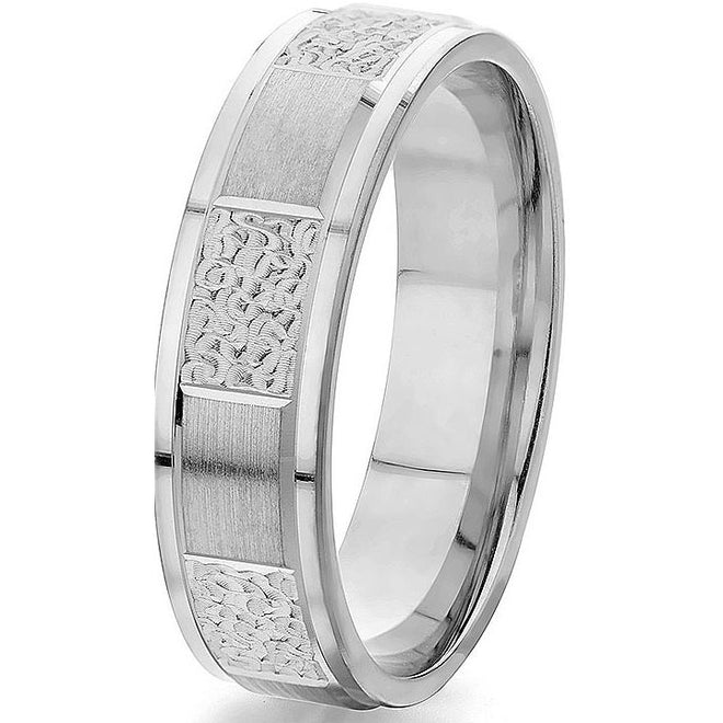 Striking 6 mm comfort-fit engraved white gold wedding band with alternating engraved and satin finish.