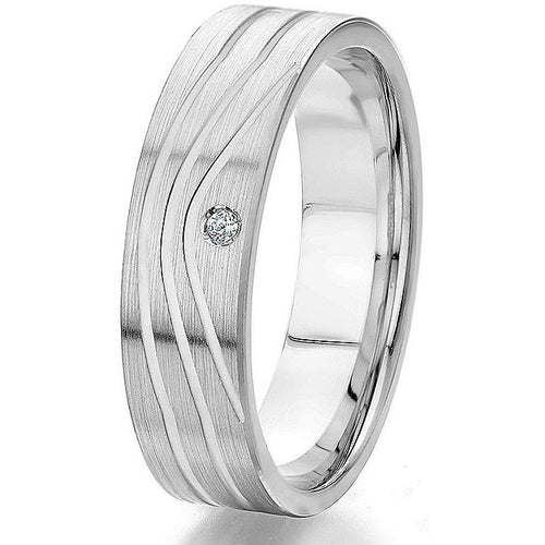 Modern flat wedding band with a satin finish top with engraved "sound wave" design and one round natural brilliant diamond.