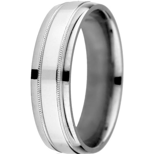 Classic bright border 6mm 14k comfort-fit band with milgrain details in 14k white gold.