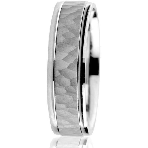 6 mm white gold hammered wedding band with polished edges in 10 k
