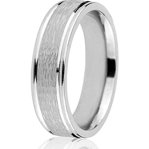 A modern update of a classic 6mm engraved wedding band with bright cut edge and textured brushed centre in white gold.