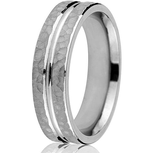 A bright-cut engraved line highlights the hammered texture of this 6mm comfort-fit wedding band in 14k white gold.