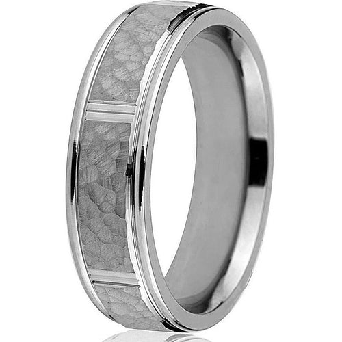 Classic 6mm comfort fit hammered ring with sectional bright cuts and stepdown edge in 14k white gold. 