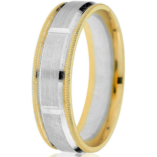 Two-tone 6 mm comfort fit wedding band engraved vertical groove wedding band in 14 k white gold centre and yellow gold base with milgrain detail. 