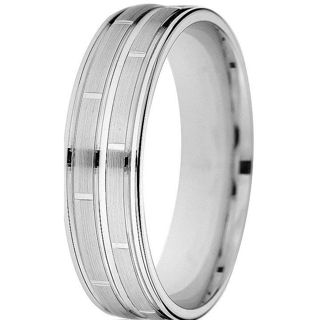 Smart crisp off-set engraving on this 6mm comfort-fit band make this ring very impressive in 10k white gold.