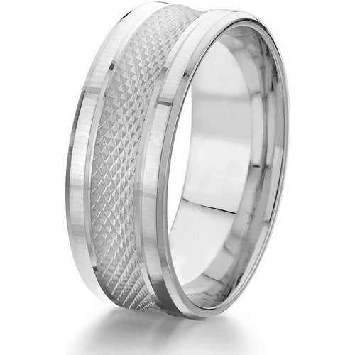 Spectacular 6mm wide wedding band featiuring a convex centre with "cross hatch" engraving in 14k white gold.
