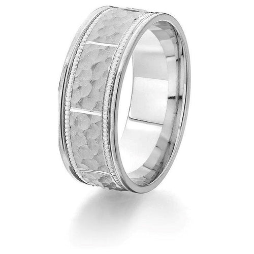 Striking 14k comfort-fit wedding band featuring bright cut edges, hammered rectangular sectional engraving and milgrain detail in white gold.