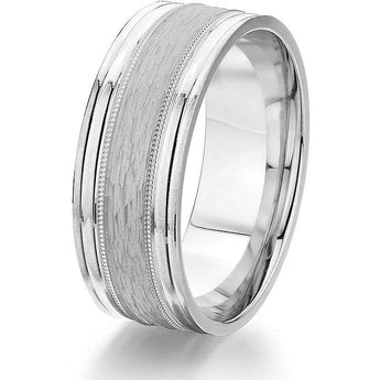 Bold high polish groove followed milgrain detail and a textured bark finish centre in 8mm white gold in the comfort-fit wedding ring.