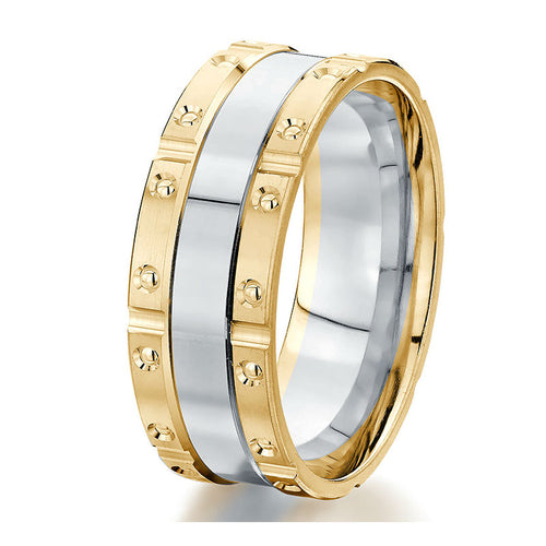 Striking modern two-tone 8 mm wedding band featuring yellow engraved borders with a polished centre strip of white gold.