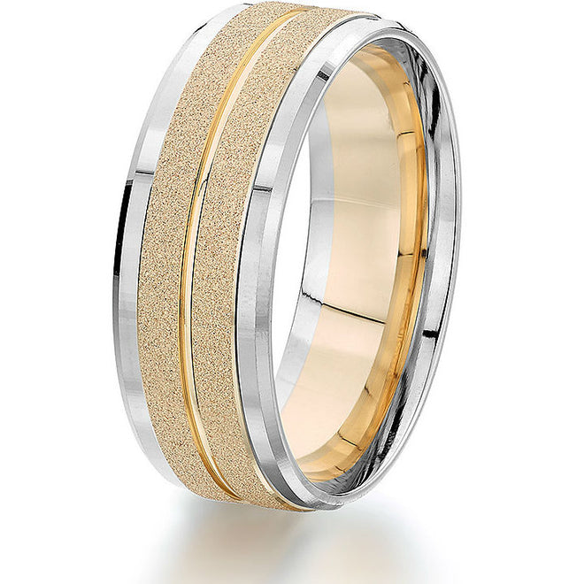 Updated version of a classic 14k gold comfort-fit 8mm band featuring a white gold base with 2 sections of textured yellow gold and bevelled edges.