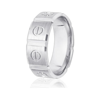 Sectional wedding ring in 8mm width with bevelled edges and circle design in 10k white gold with comfort-fit.