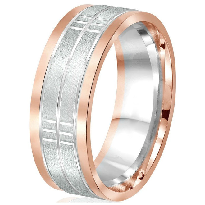 Impressive 8mm flat two-tone wedding band featuring an engraved white gold textured centre bordered by two rose gold edges in 10k gold with comfort-fit.