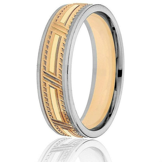 Bold, engraved design in this 6 mm comfort-fit wedding band in 14k yellow and white gold.