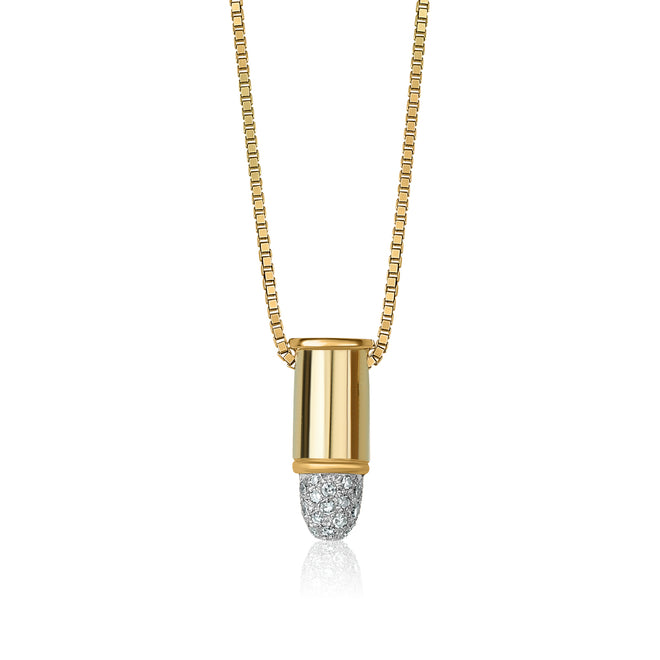 14k yellow and white gold bullet pendant with diamonds attached to an integrated 14k yellow gold box chain