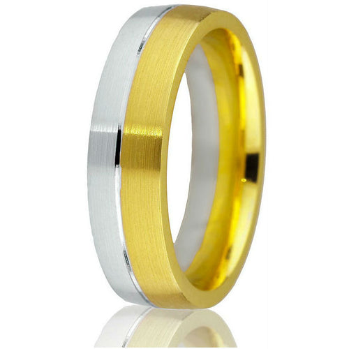 6 mm low dome comfort fit engraved wedding band in 14k yellow and white gold.