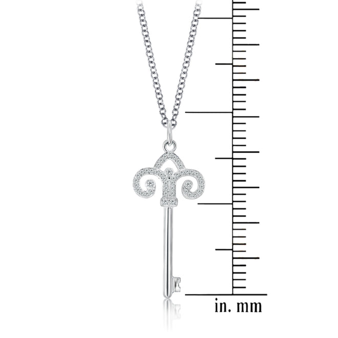 Fleur-de-lis diamond key pendant (half-set) in 14k white gold set with 44 round natural diamonds weighing approximately 0.44 points.