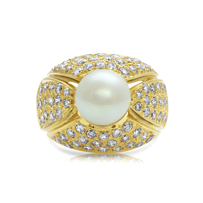 Diamond and pearl hand-made ring in 18k yellow gold