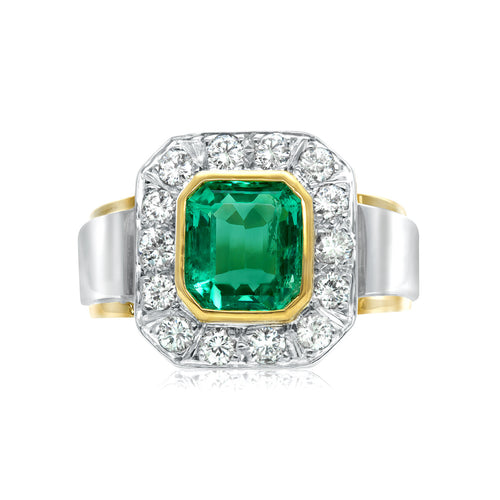 Rectangular emerald and diamond ring in 18k two-tone gold