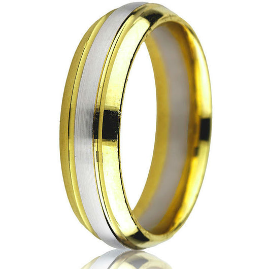Classic domed two-tone 6 mm comfort-fit yellow gold base with white gold inlay update this timeless wedding band in 14k gold.