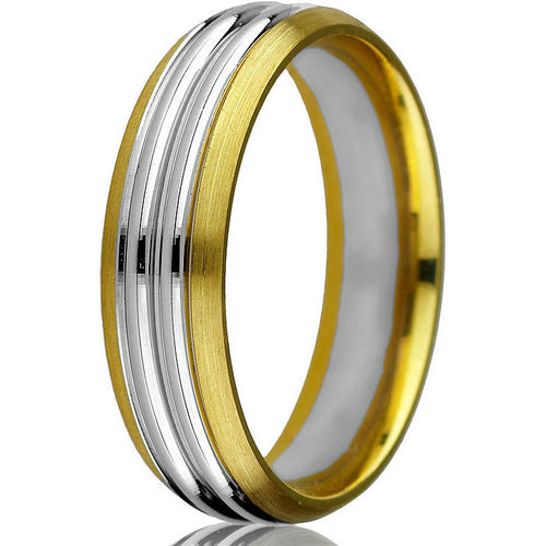 Striking two-tone 14kt comfort-fit wedding band with a bevelled edge on a yellow gold base and two grooved white gold inlays.