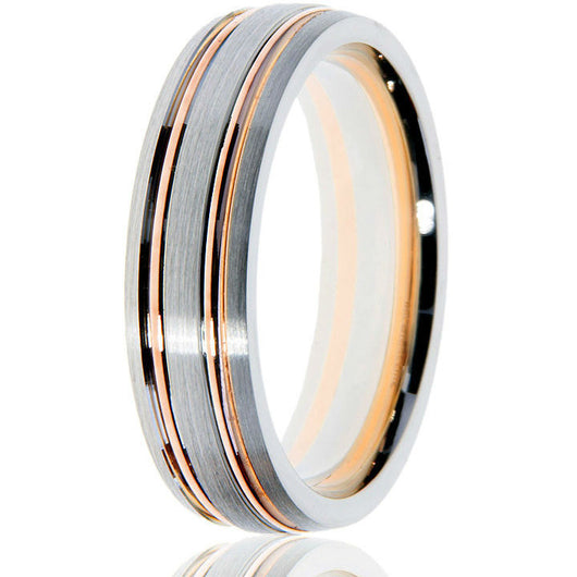 Distinguished updated classic of a domed wedding band in white gold with 2 yellow gold inlays for intricate detailing.