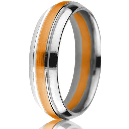 Classic domed two-tone 6 mm comfort-fit white base with yellow gold inlay update this timeless wedding band in 14k white and rose gold.