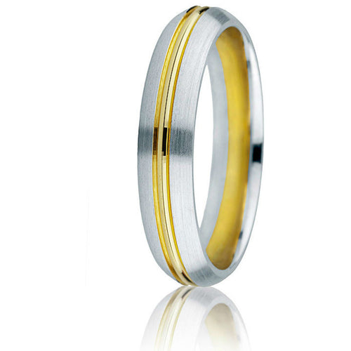 Domed white gold 14k two-tone 6mm wedding band in comfort-fit with 14k yellow gold inlay.