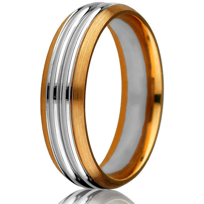Striking two-tone 14kt comfort-fit wedding band with a bevelled edge on a rose gold base and two grooved white gold inlays.