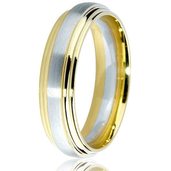 Oustanding 14k two-tone engraved double step 6 mm band with white gold inlay.