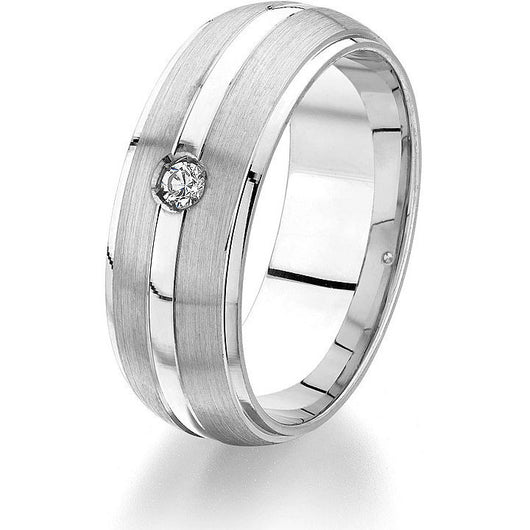 Classic domed 8 mm wedding band with a bright cut edge, two-strip satin finish and shiny centre strip with one round natural brilliant for maximum contrast and effect in 14 k white gold.