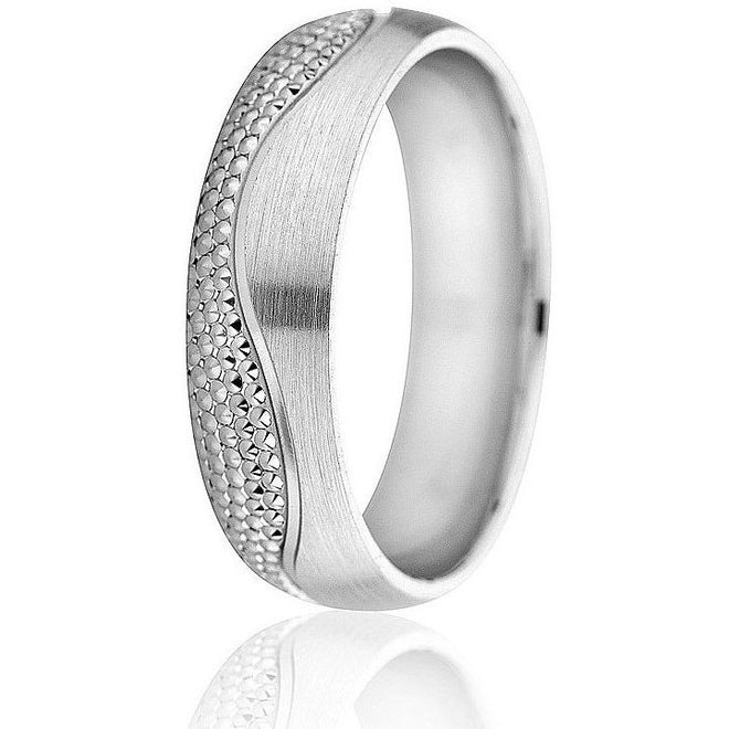 Modern, engraved beaded wave design with a satin finish in 6mm white gold with comfort fit.