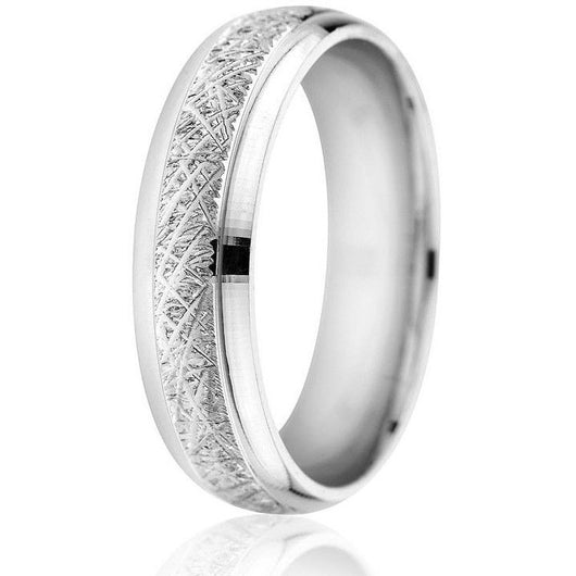 Domed, beveled edge with centre etching engraving in 14k 6mm white gold with comfort fit wedding ring.