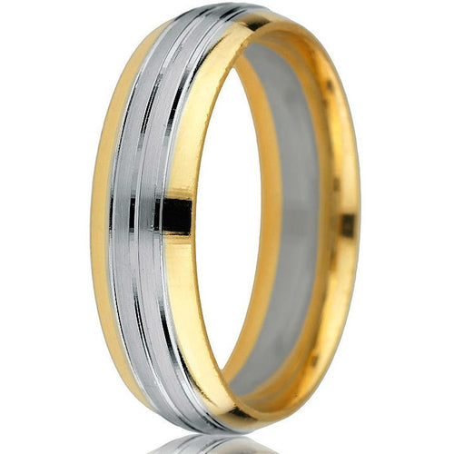 Smart and sleek 14k two-tone yellow and white gold 6mm comfort-fit band with double stripe white gold inlay.