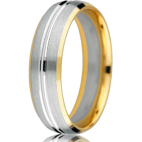 Modern update of a classic domed wedding band in white and yellow gold with bevelled edge and a 14k white gold inlay with an engraved groove in centre.