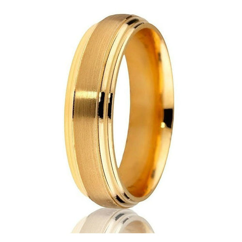 Classic domed double step engraving with satin finish centre in 14k yellow gold in 6mm with comfort fit.