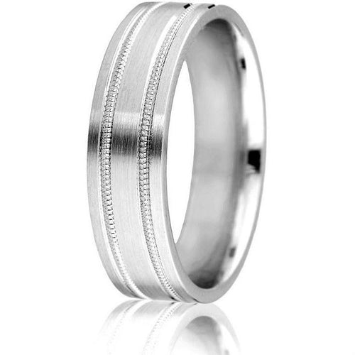 Classic comfort-fit wedding band in 6 mm with milgrain detail and satin finish in white gold.