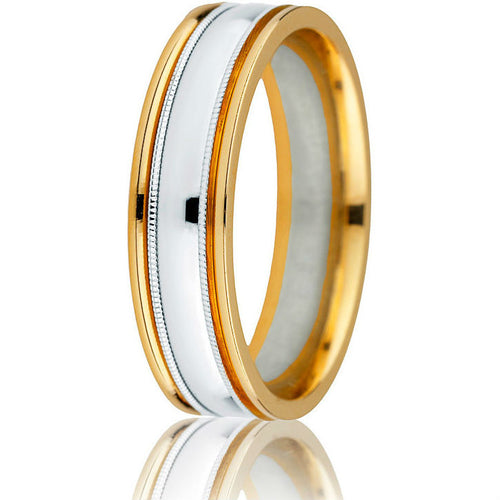 Striking two-tone 6 mm wedding band with white gold centre inlay, milgrain detailing and high polish yellow gold edges.