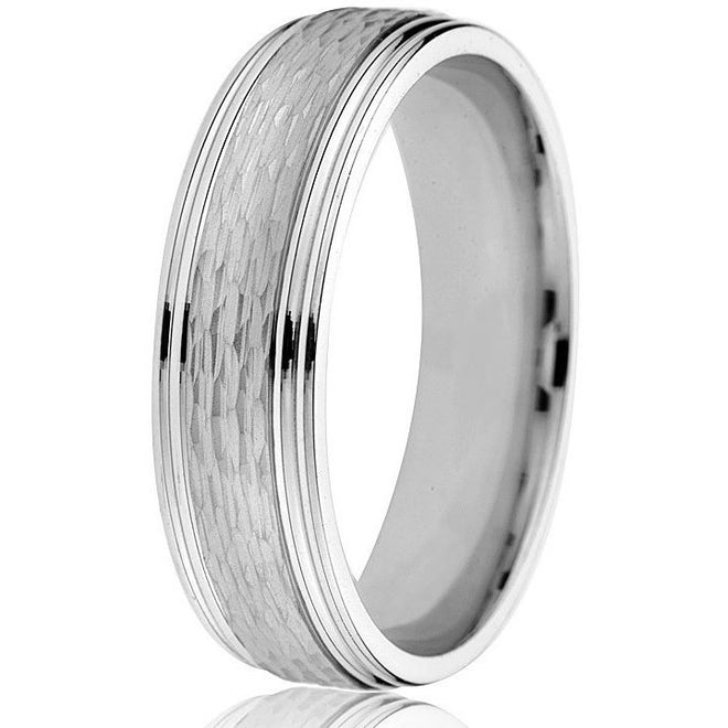 A 6 mm textured centre wedding band made of 14k white gold with a bright engraved edge.