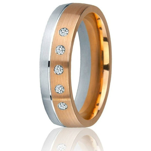 A two-tone wedding ring with diamonds set in a 14k white and rose gold band, comfort-fit , 6 mm wide.