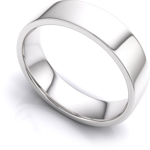 Distinctive flat 6 mm wide comfort-fit flat wedding band in 14k white gold.