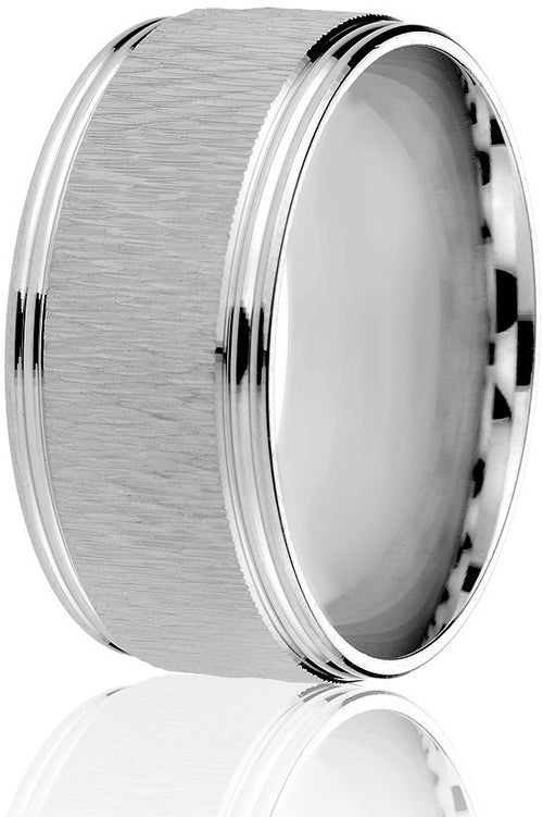 Rugged 10 mm wide engraved textured centre and bright cut edges comfort fit wedding band in 10k white gold.