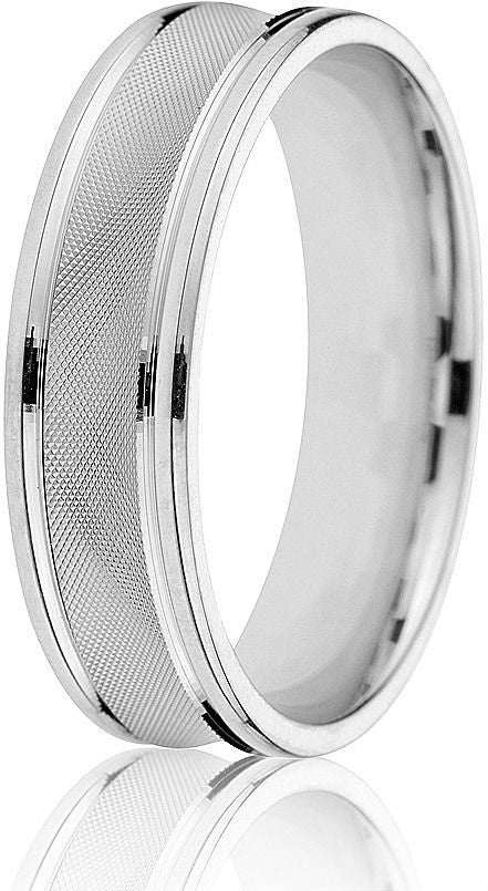 Comfort fit 6mm concave wedding band in 14k white gold with cross-hatch engraving in the centre give this ring a singular look.