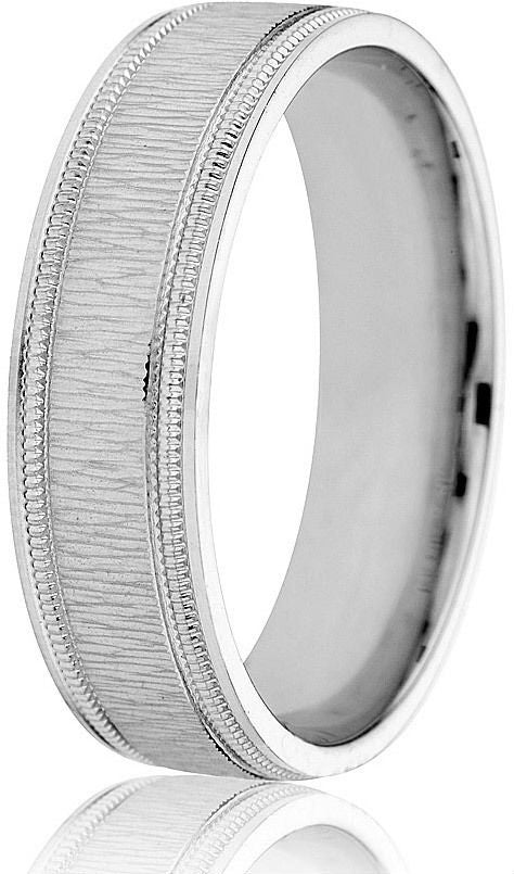 A bright cut edge with beading detail highlights the bamboo finish of this 6mm white gold wedding band 