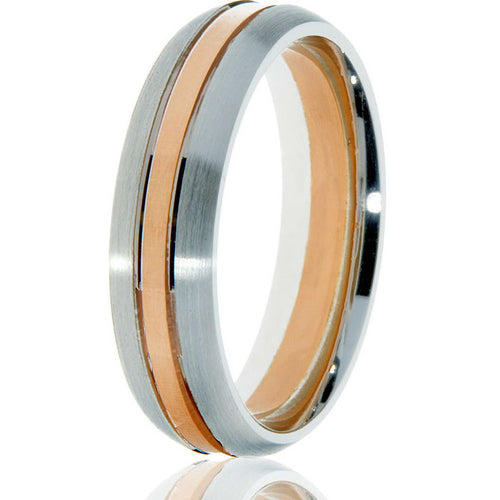 Domed 6mm comfort-fit wedding band featuring arose gold inlay for an exceptional look in 14 rose and white gold.